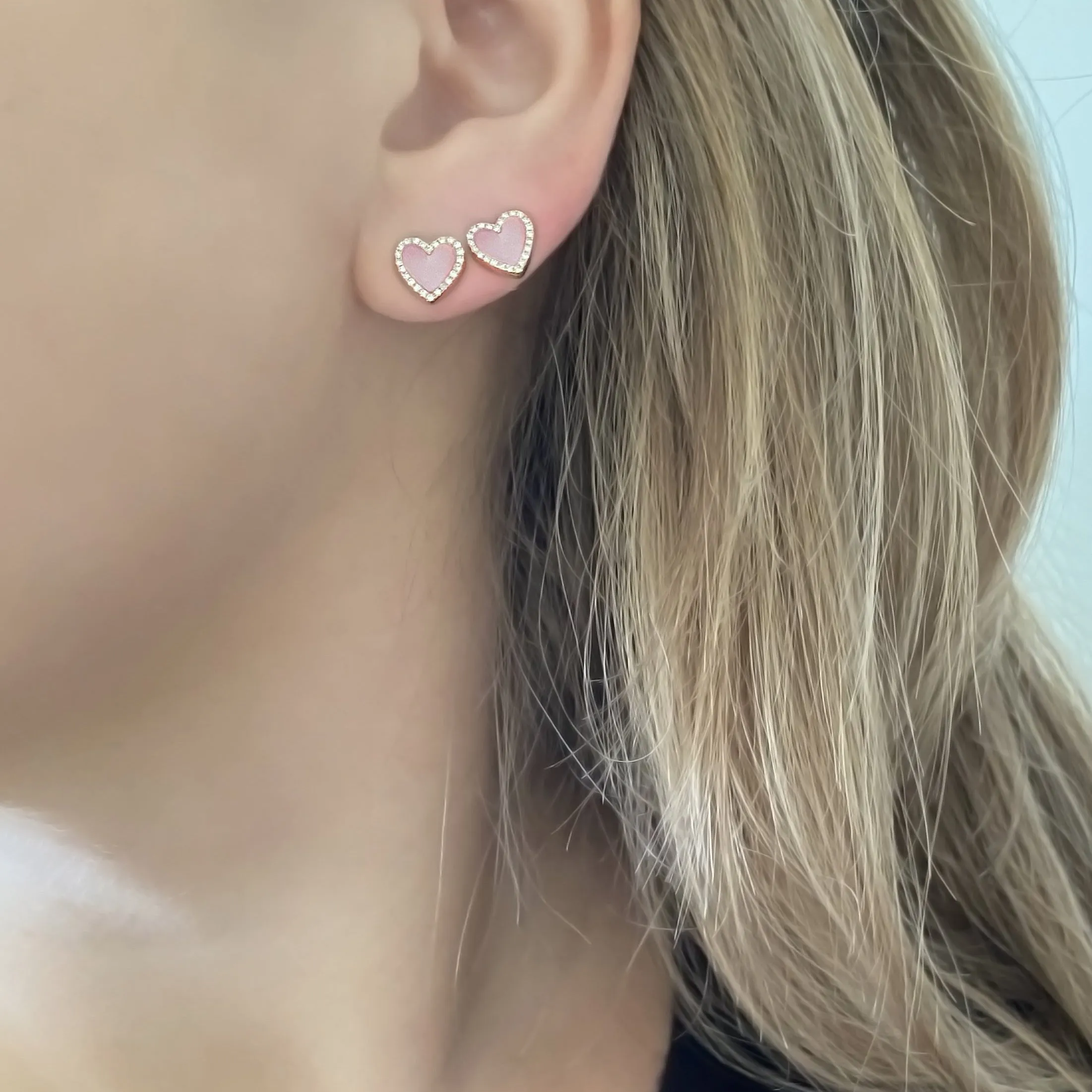 14K GOLD DIAMOND AND PINK OPAL HAILEY HEART STUDS