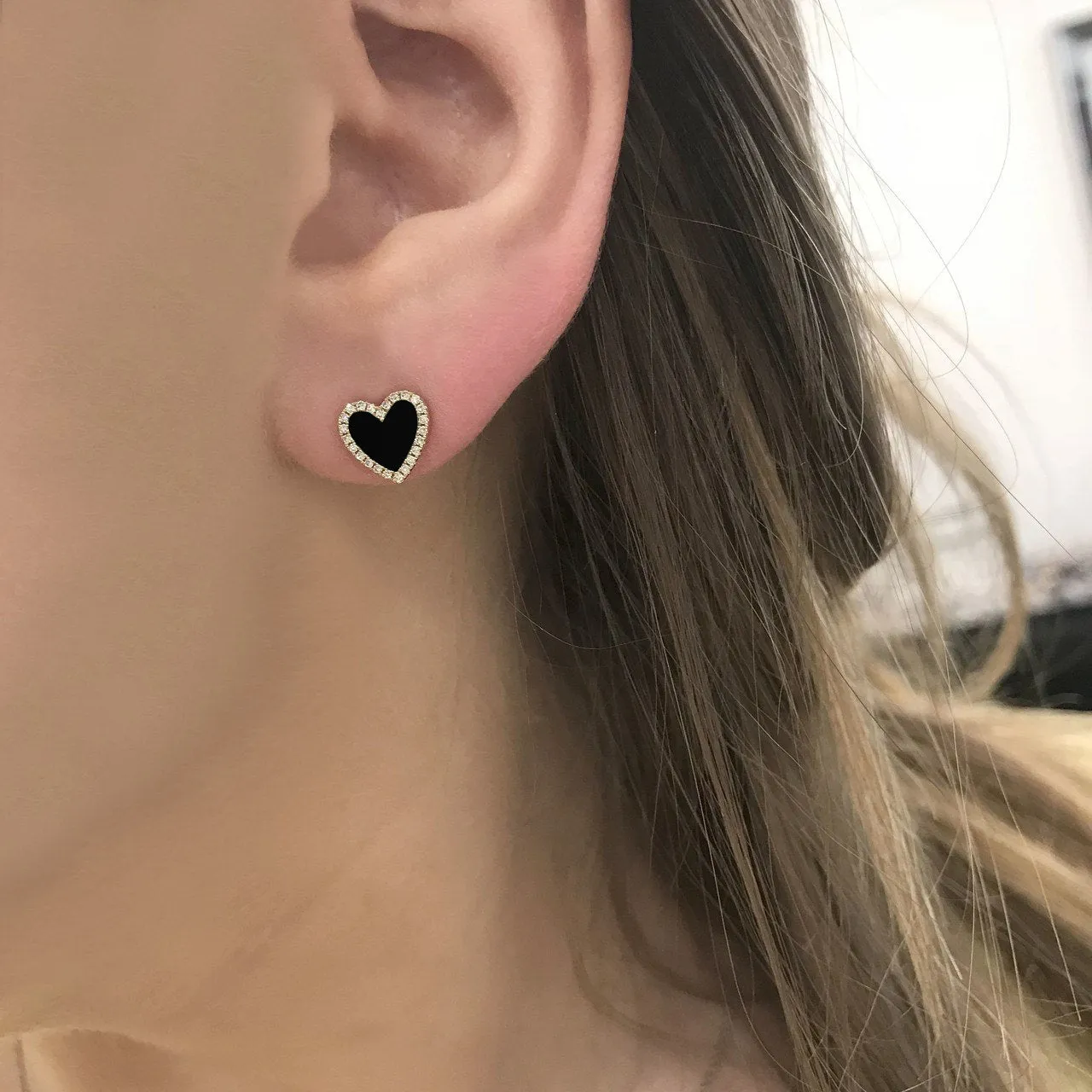 14K GOLD DIAMOND BLACK AGATE HAILEY HEART STUDS