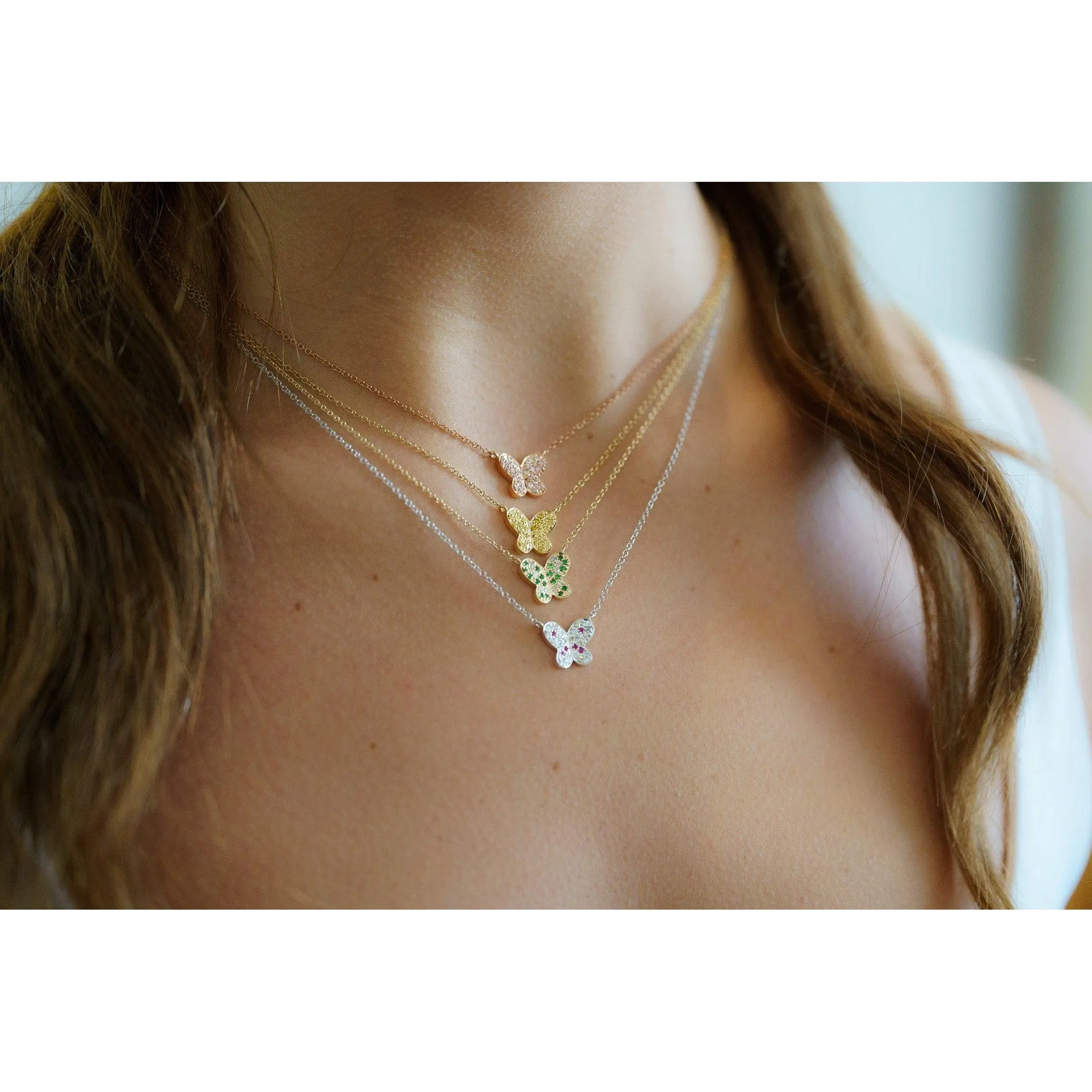 18k-14K Gold Gemstone Cluster Butterfly Integral Floating Pendant Necklace | 18"