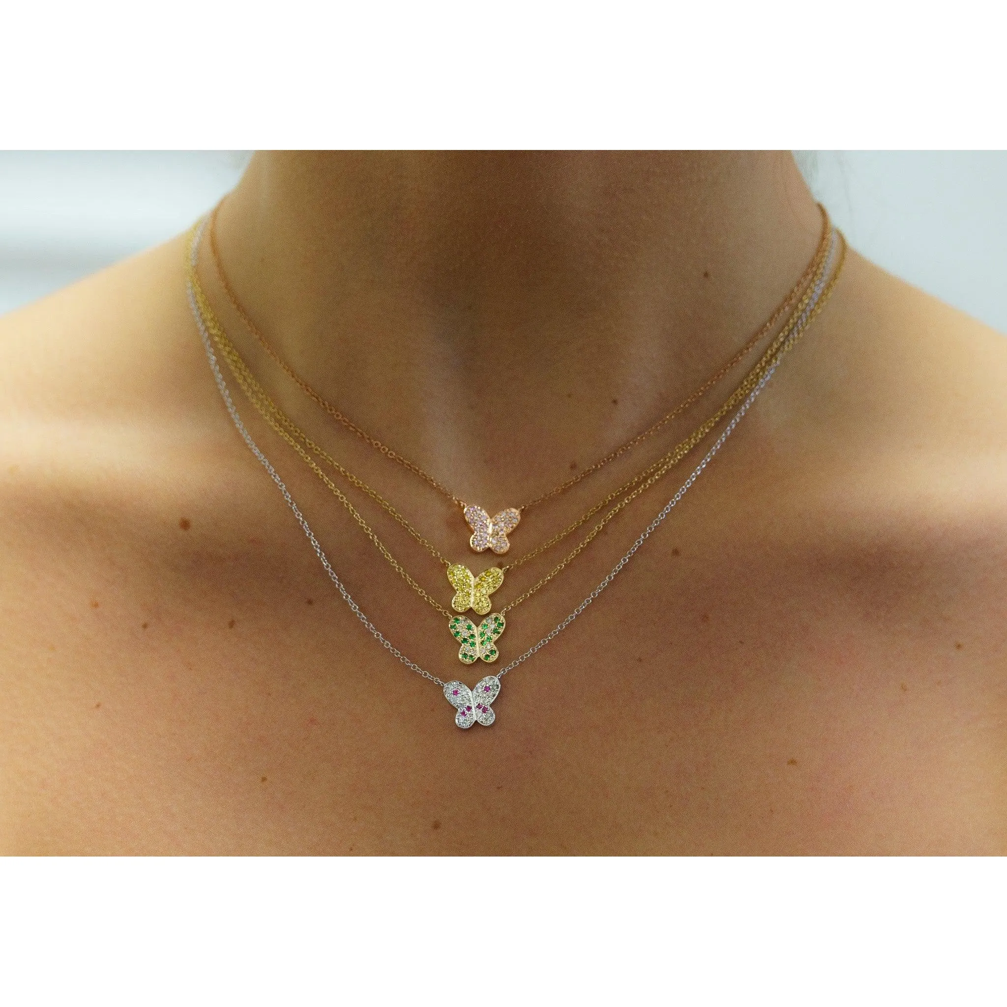 18k-14K Gold Gemstone Cluster Butterfly Integral Floating Pendant Necklace | 18"