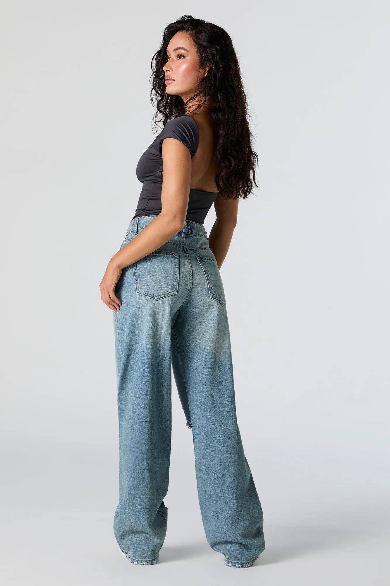 90s High Rise Distressed Wide Leg Jean