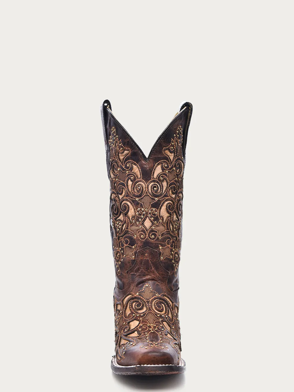 A3326 - WOMEN'S TAN INLAY EMBROIDERY AND STUDS BROWN SQUARE TOE COWBOY BOOT