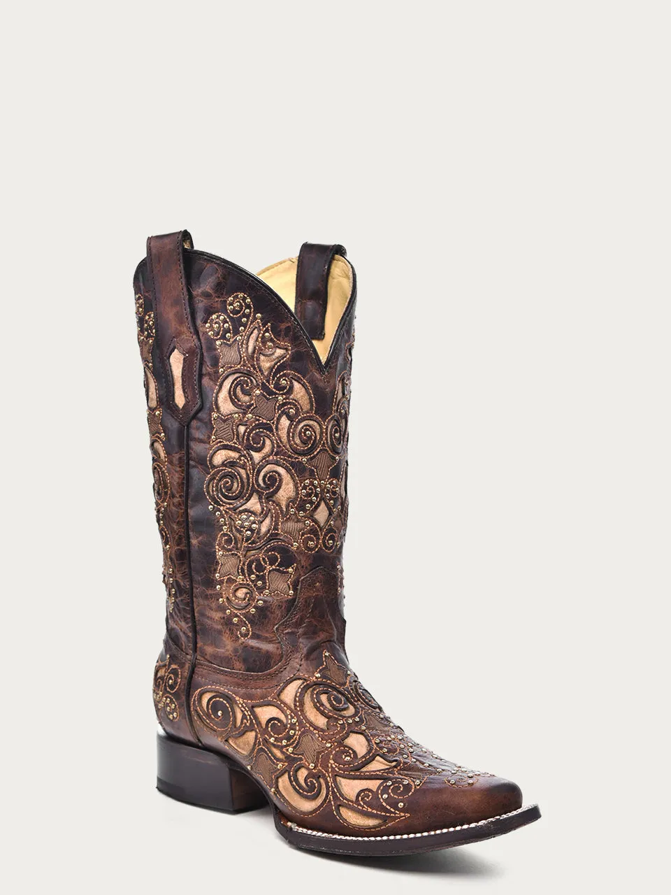 A3326 - WOMEN'S TAN INLAY EMBROIDERY AND STUDS BROWN SQUARE TOE COWBOY BOOT