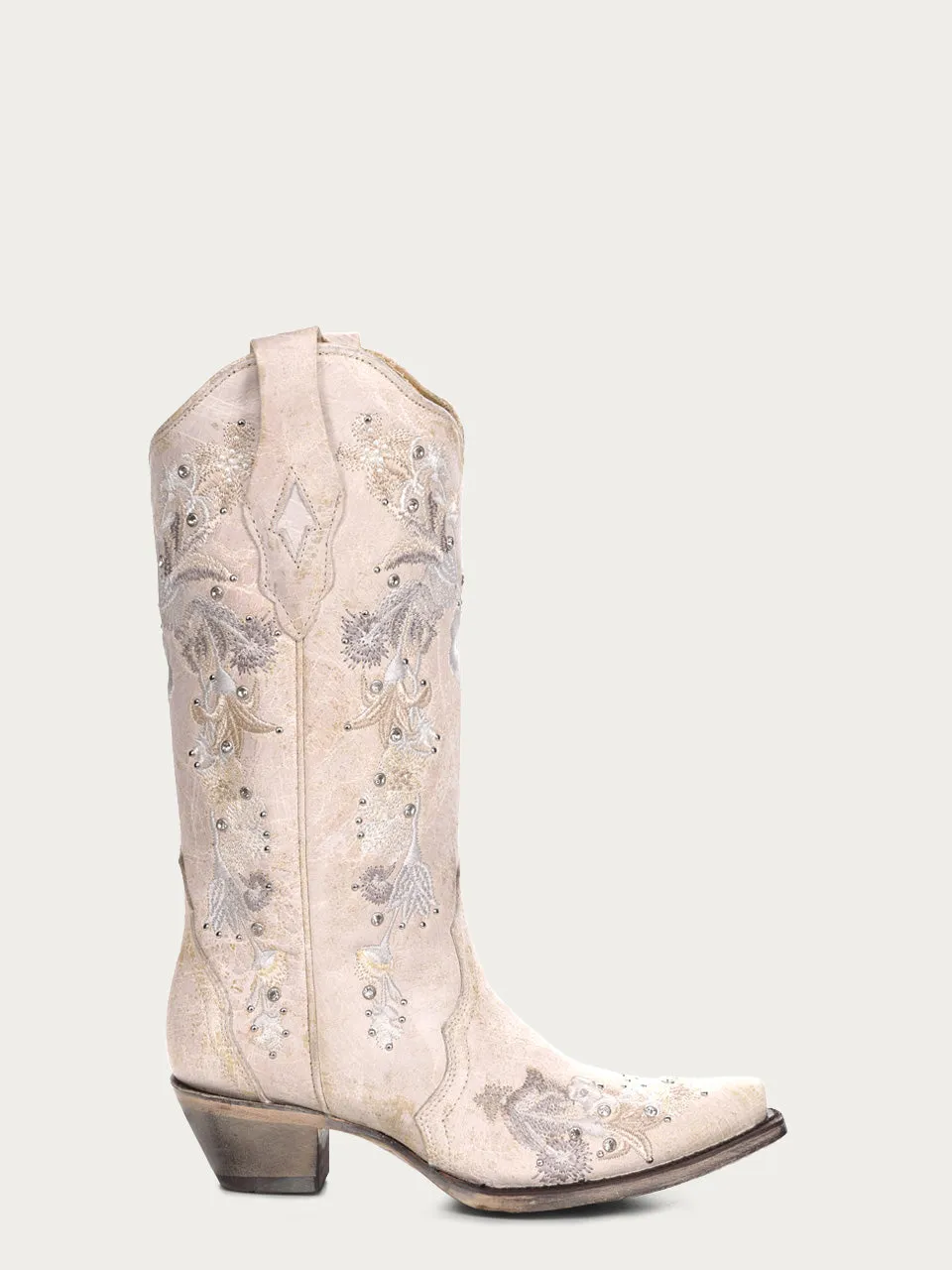 A3521 - WOMEN'S WHITE FLORAL EMBROIDERY AND CRYSTALS COWBOY BOOT