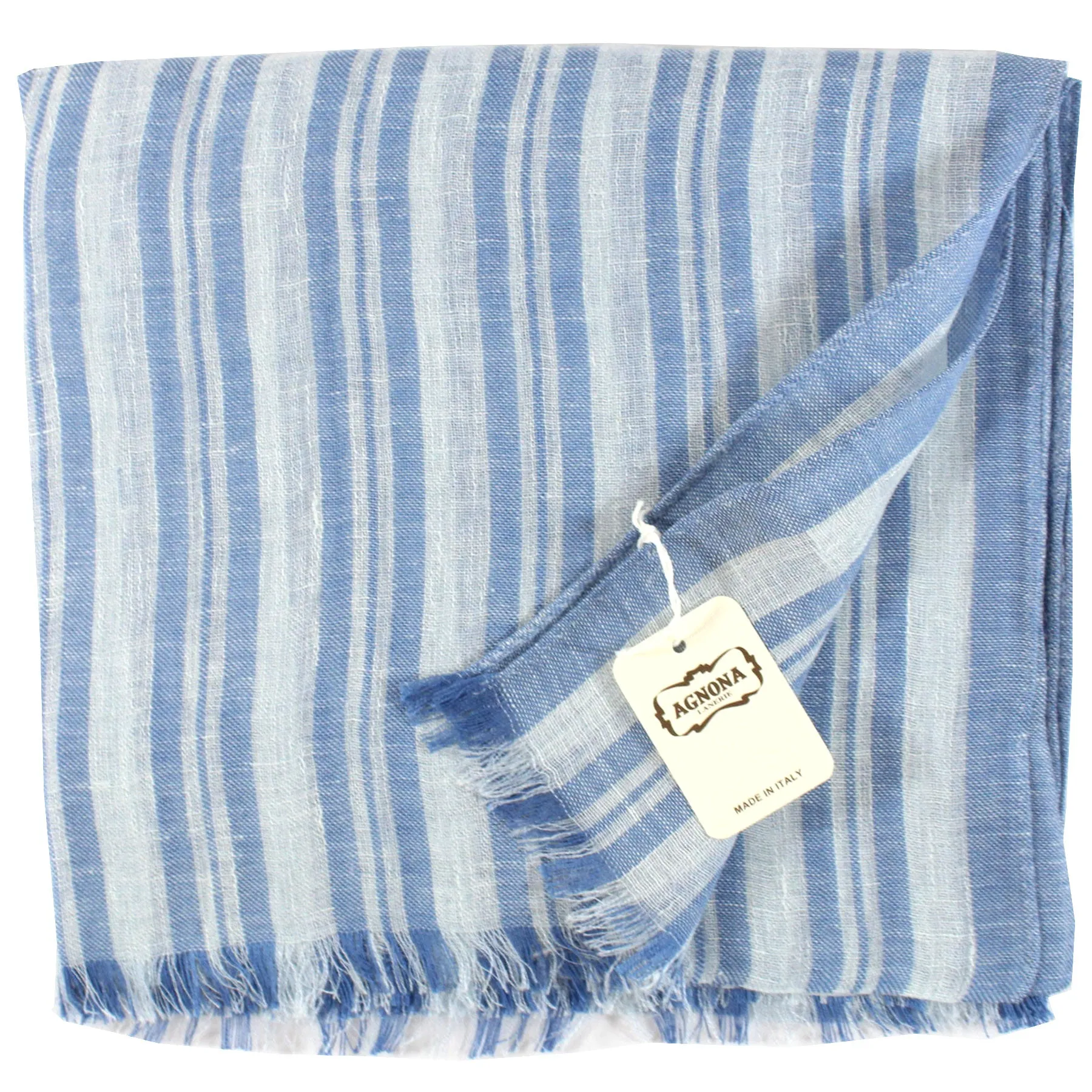 Agnona Scarf Dark Blue White Stripes Design - Linen Silk Shawl FINAL SALE