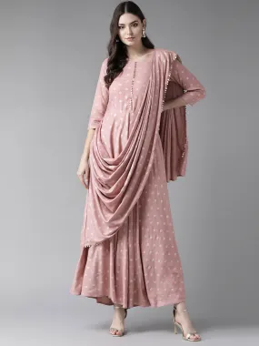 Ahalyaa Pink & Golden Printed Maxi Dress With Attached Dupatta