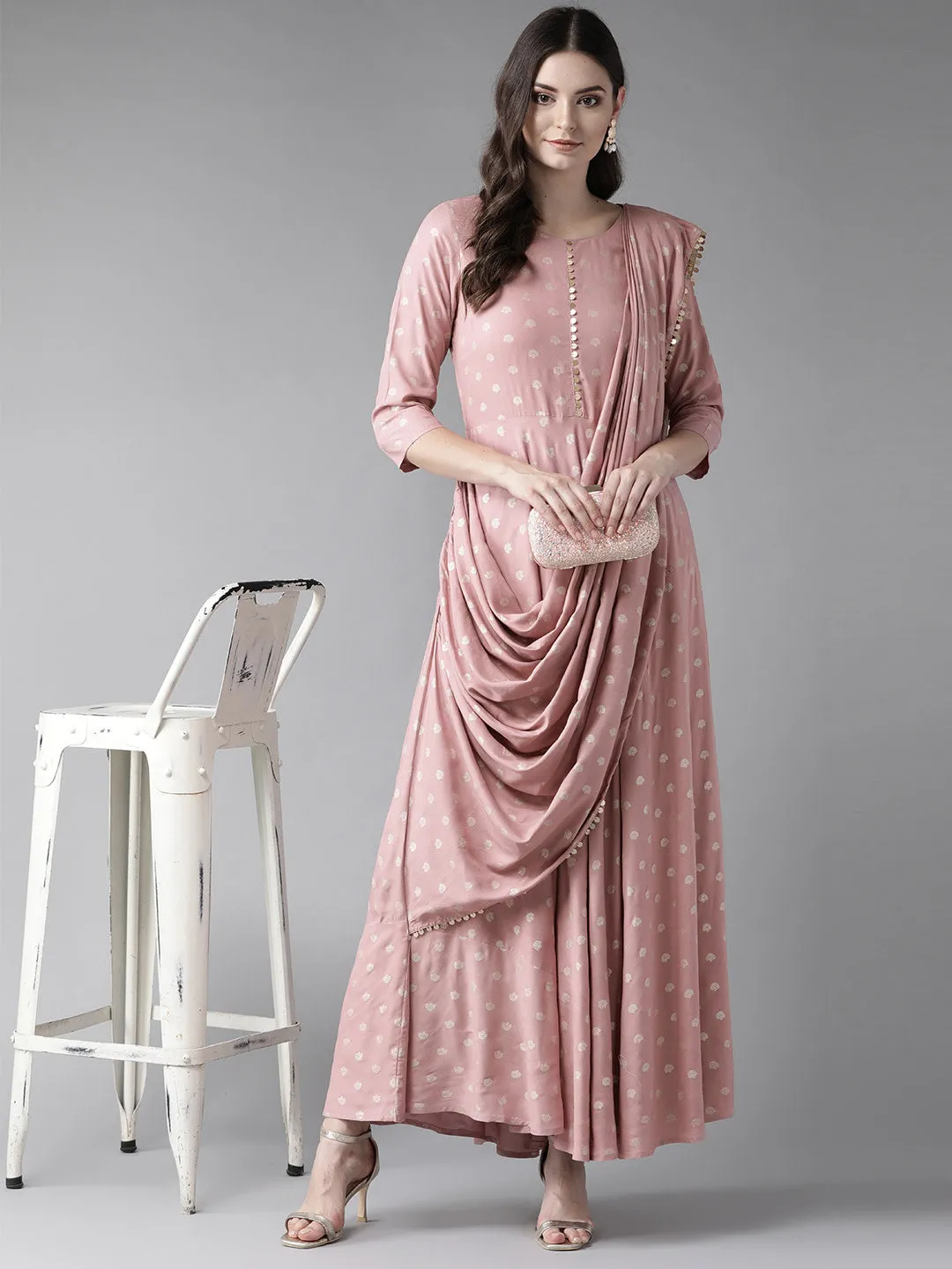 Ahalyaa Pink & Golden Printed Maxi Dress With Attached Dupatta