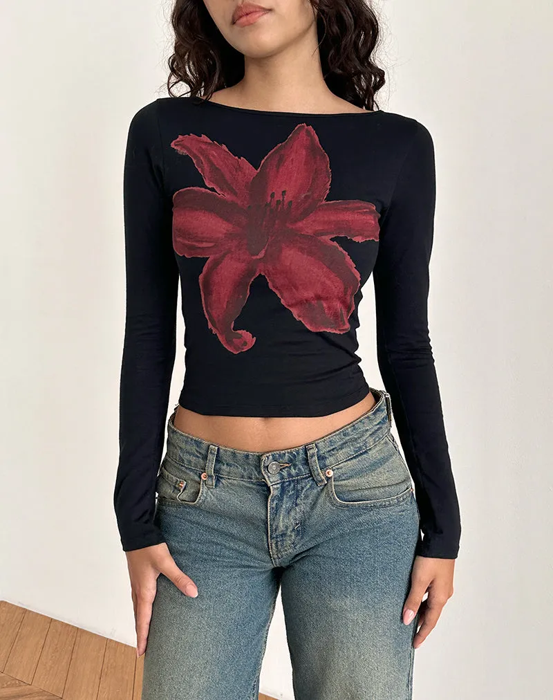 Amabon Long Sleeve Top in Black with Burgundy Painted Flower