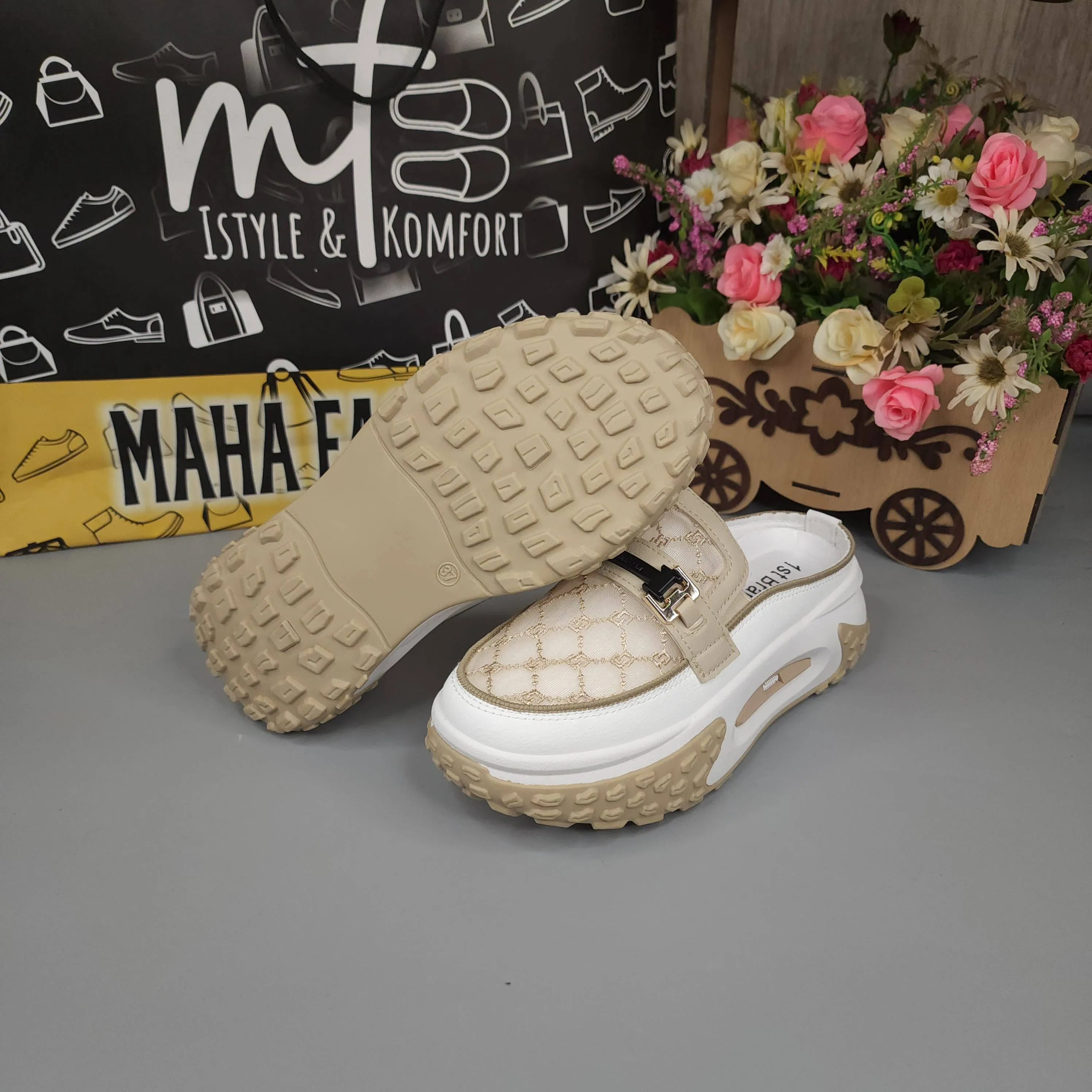 Beige Mules in Platform Wedge