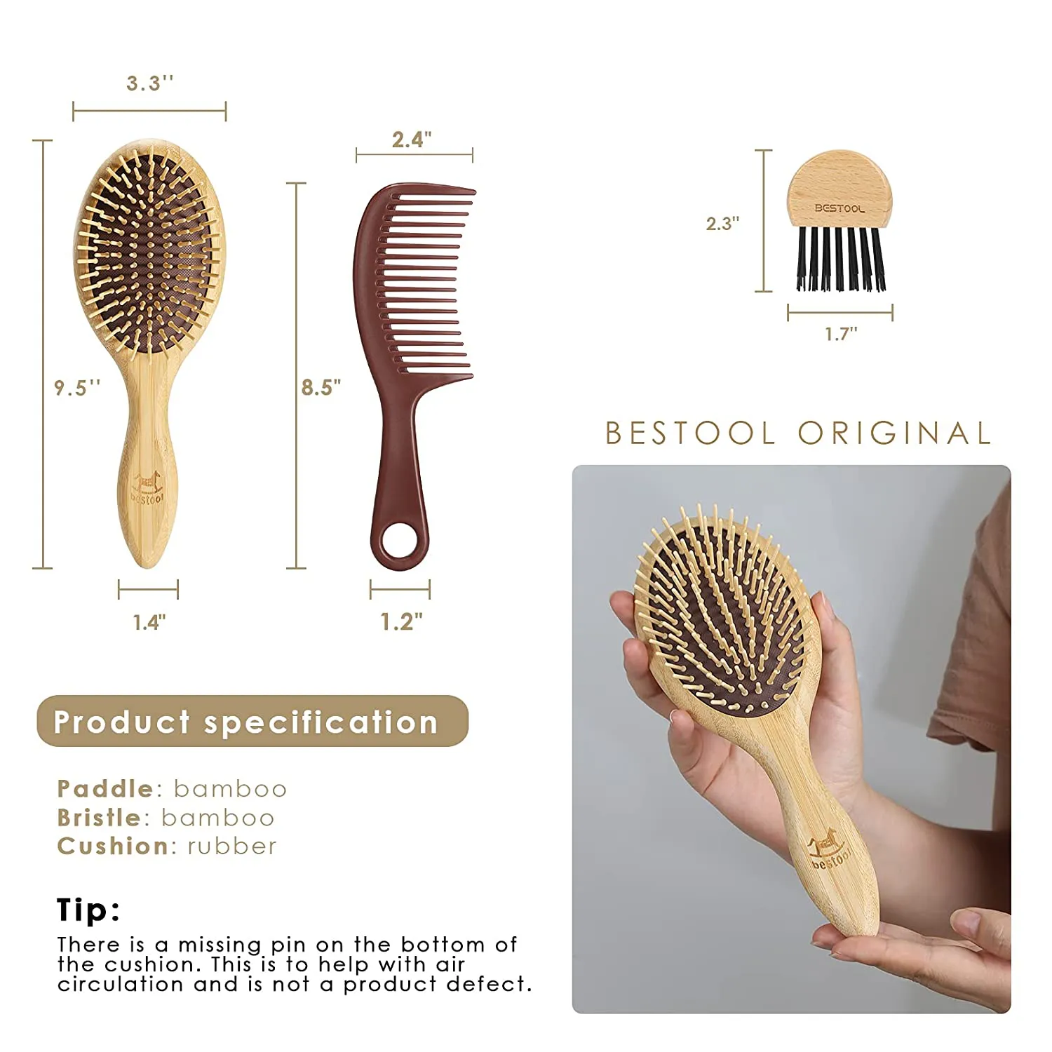 BESTOOL Hair Brushes for Women Men Kid, Bamboo Detangling Brush & Wide Teeth Comb for Thick Fine Curly Hair, Everyday Hairbrush, Enhance Shine, Massage Scalp, Anti-Static