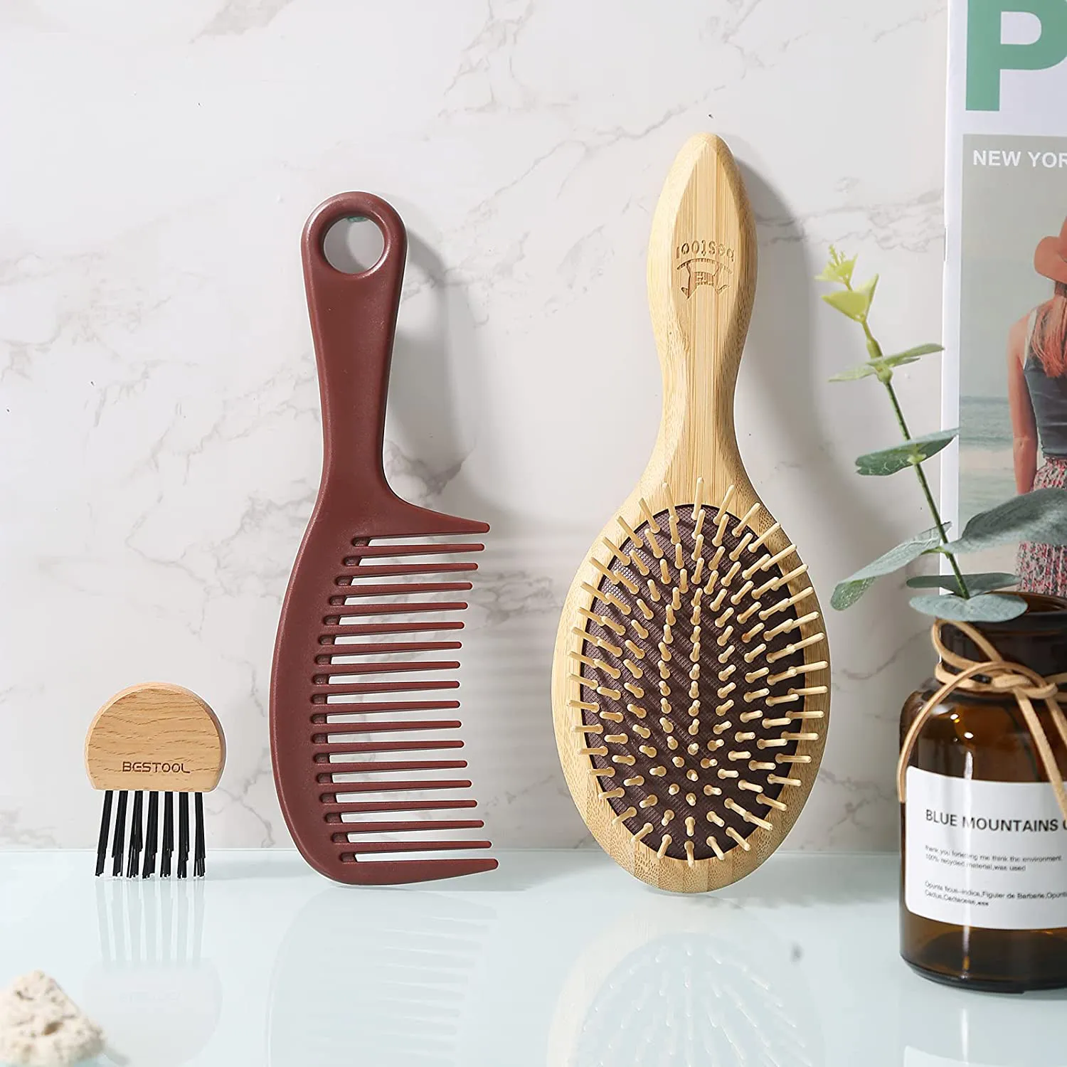 BESTOOL Hair Brushes for Women Men Kid, Bamboo Detangling Brush & Wide Teeth Comb for Thick Fine Curly Hair, Everyday Hairbrush, Enhance Shine, Massage Scalp, Anti-Static