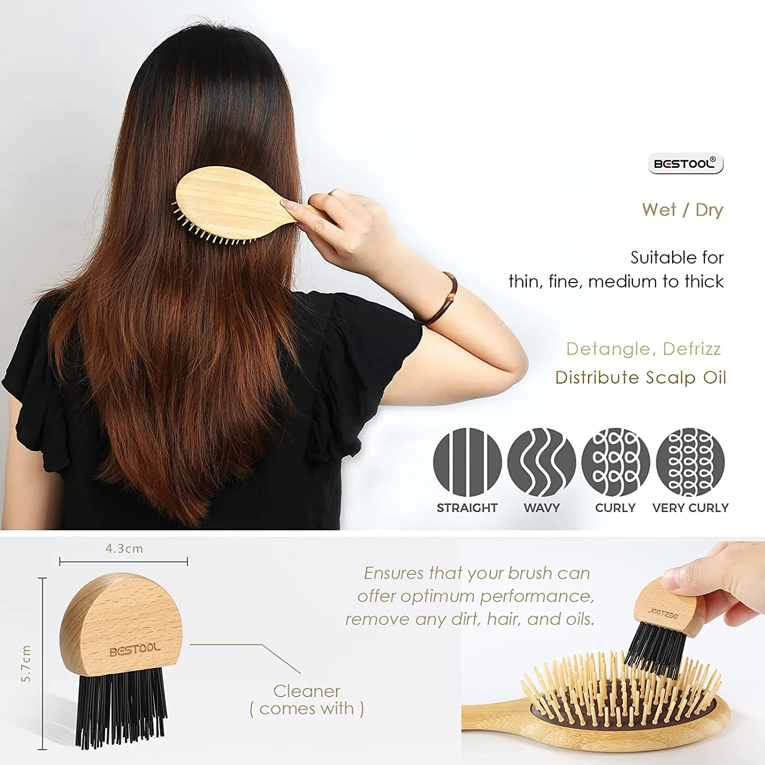 BESTOOL Hair Brushes for Women Men Kid, Bamboo Detangling Brush & Wide Teeth Comb for Thick Fine Curly Hair, Everyday Hairbrush, Enhance Shine, Massage Scalp, Anti-Static