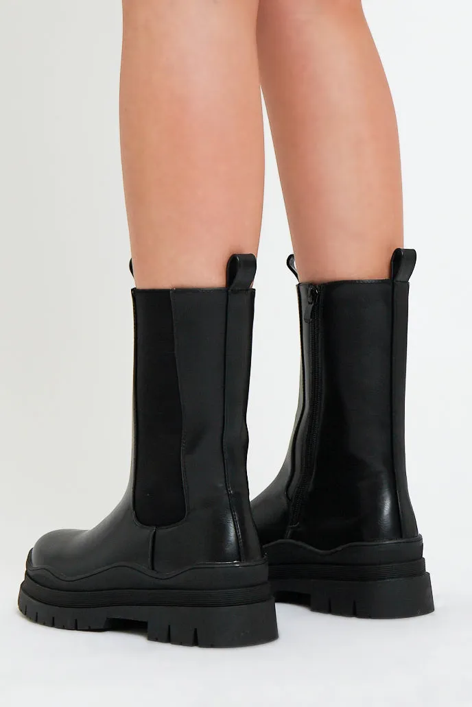 Black Chunky Sole Faux Leather Boots - Maree