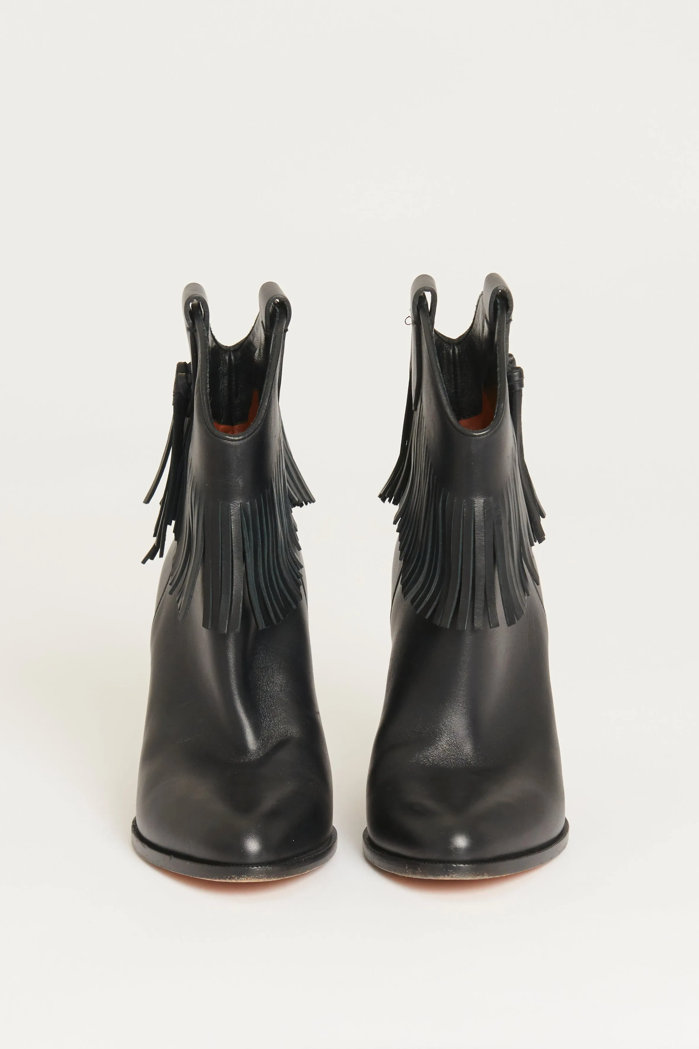 Black Leather Preowned Ankle Boots With Fringes