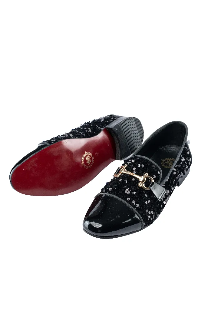 BLACK SEQUENCE SHINY TOE MOCCASIN