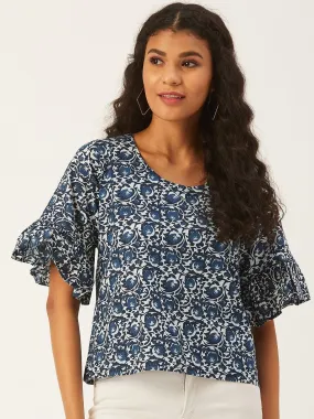 Blue Printed Top With Frill Sleeve