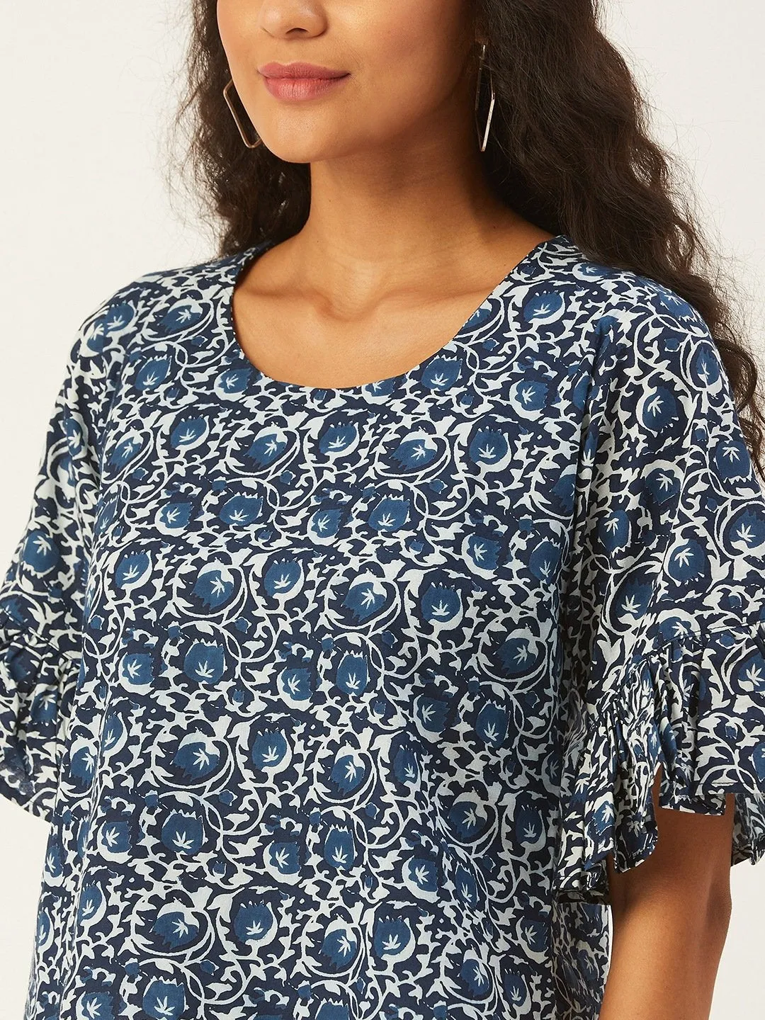 Blue Printed Top With Frill Sleeve