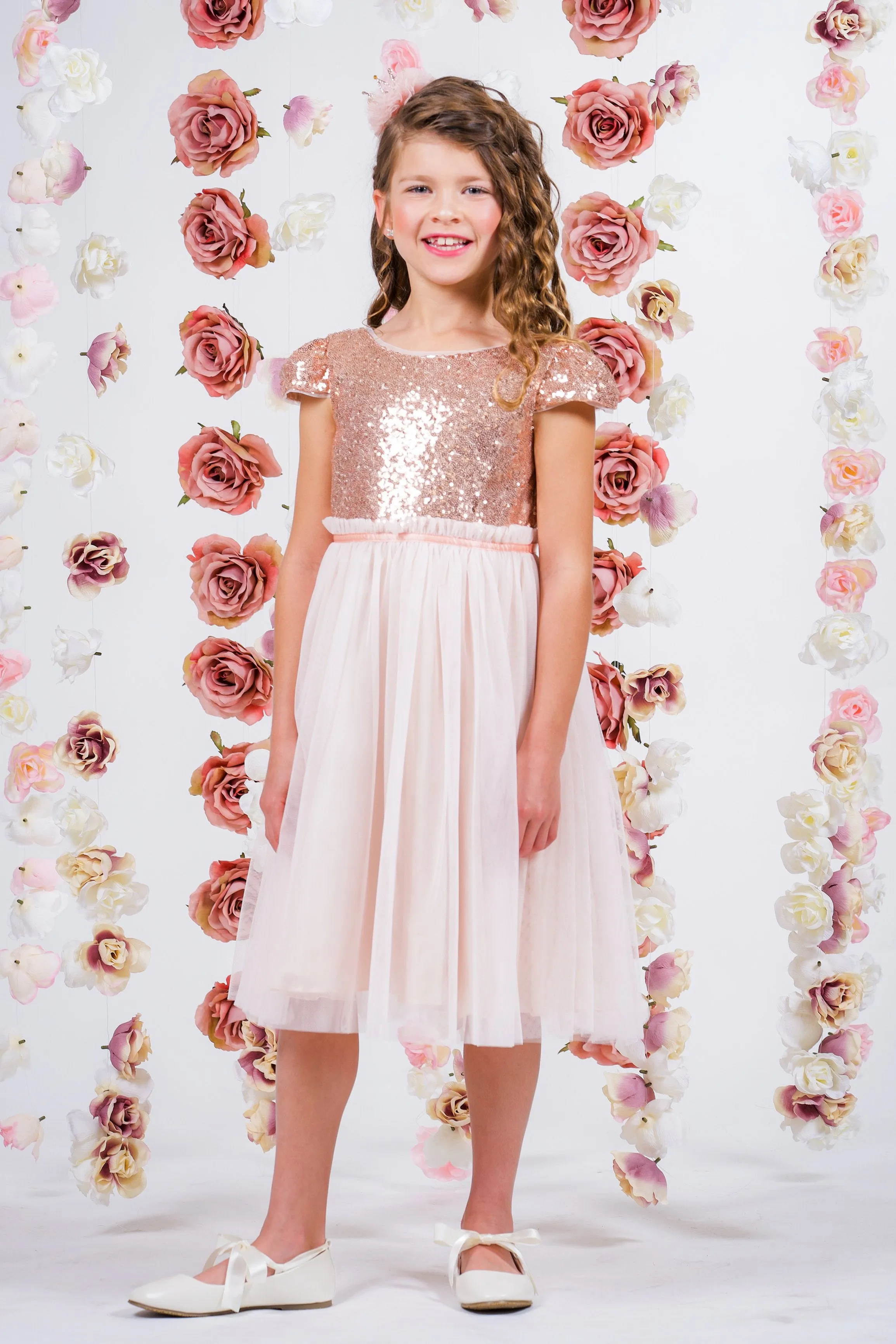 Blush Sequin Mesh Pleated Girls Dress