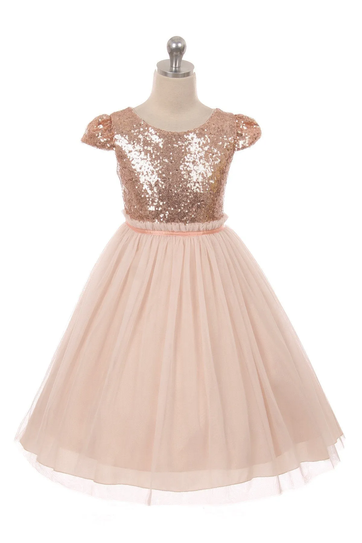 Blush Sequin Mesh Pleated Girls Dress