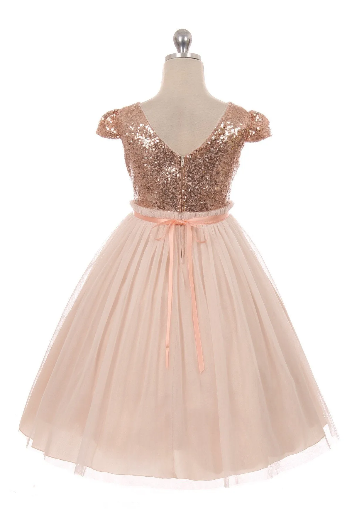 Blush Sequin Mesh Pleated Girls Dress