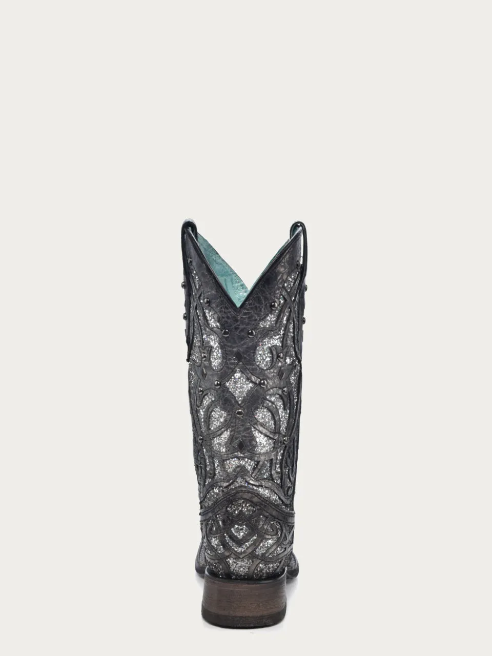 C3404 - WOMEN'S SILVER GLITTERED INLAY AND STUDS  BLACK SQUARE TOE COWBOY BOOT