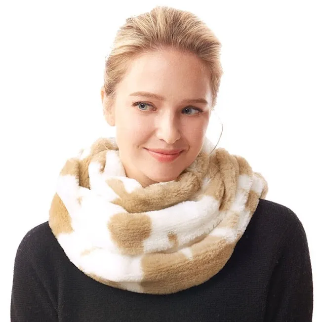 Cow Patterned Plush Faux Fur Sherpa Infinity Scarf