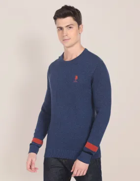 Crew Neck Pattern Knit Cotton Sweater