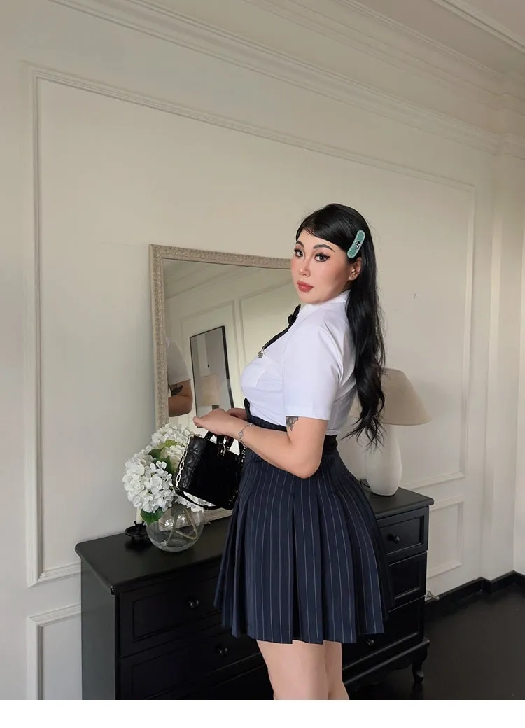 Dalila Plus Size Solid Color Short Sleeve Bow Tie Button Up Top   Plus Size Button Under Bust High Waist Stripe Pleated Mini Skirt Matching Skirt