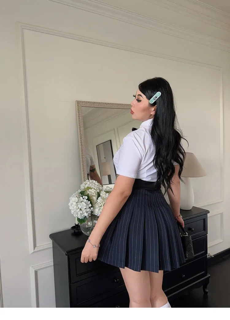 Dalila Plus Size Solid Color Short Sleeve Bow Tie Button Up Top   Plus Size Button Under Bust High Waist Stripe Pleated Mini Skirt Matching Skirt