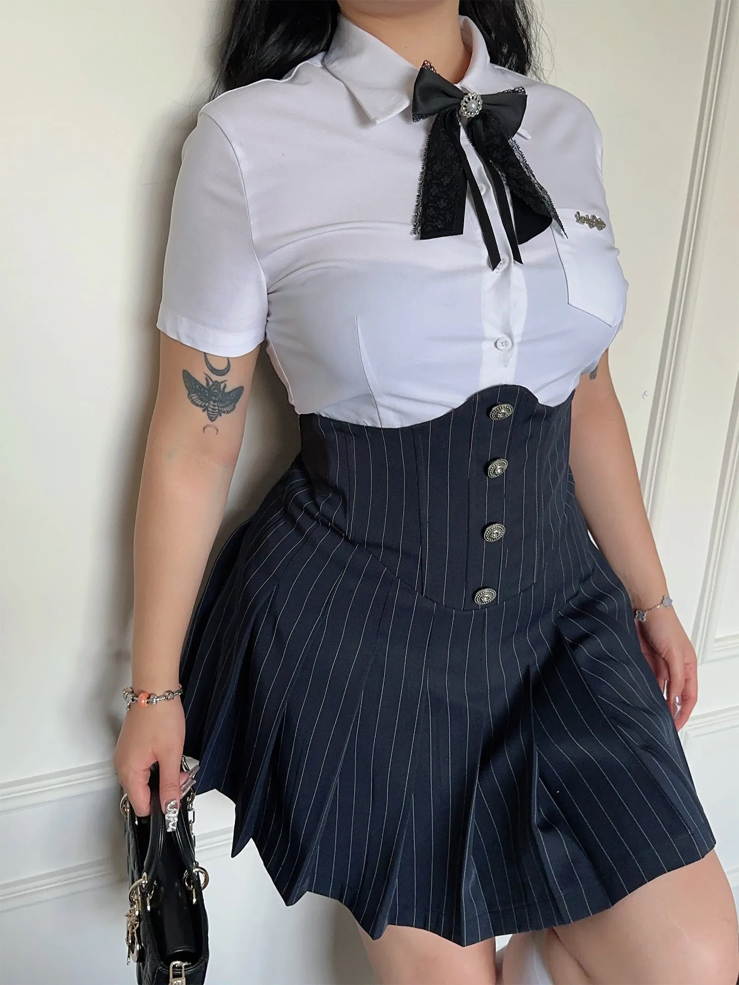 Dalila Plus Size Solid Color Short Sleeve Bow Tie Button Up Top   Plus Size Button Under Bust High Waist Stripe Pleated Mini Skirt Matching Skirt