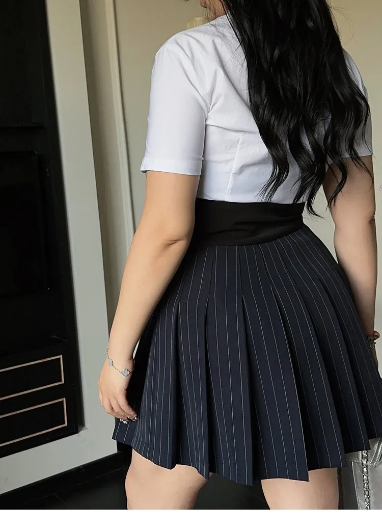 Dalila Plus Size Solid Color Short Sleeve Bow Tie Button Up Top   Plus Size Button Under Bust High Waist Stripe Pleated Mini Skirt Matching Skirt