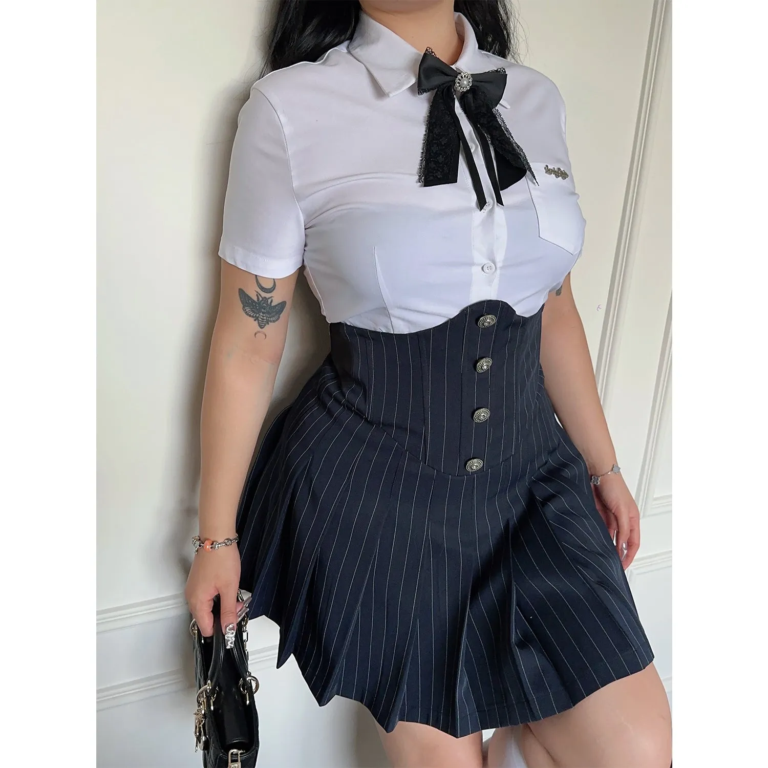 Dalila Plus Size Solid Color Short Sleeve Bow Tie Button Up Top   Plus Size Button Under Bust High Waist Stripe Pleated Mini Skirt Matching Skirt