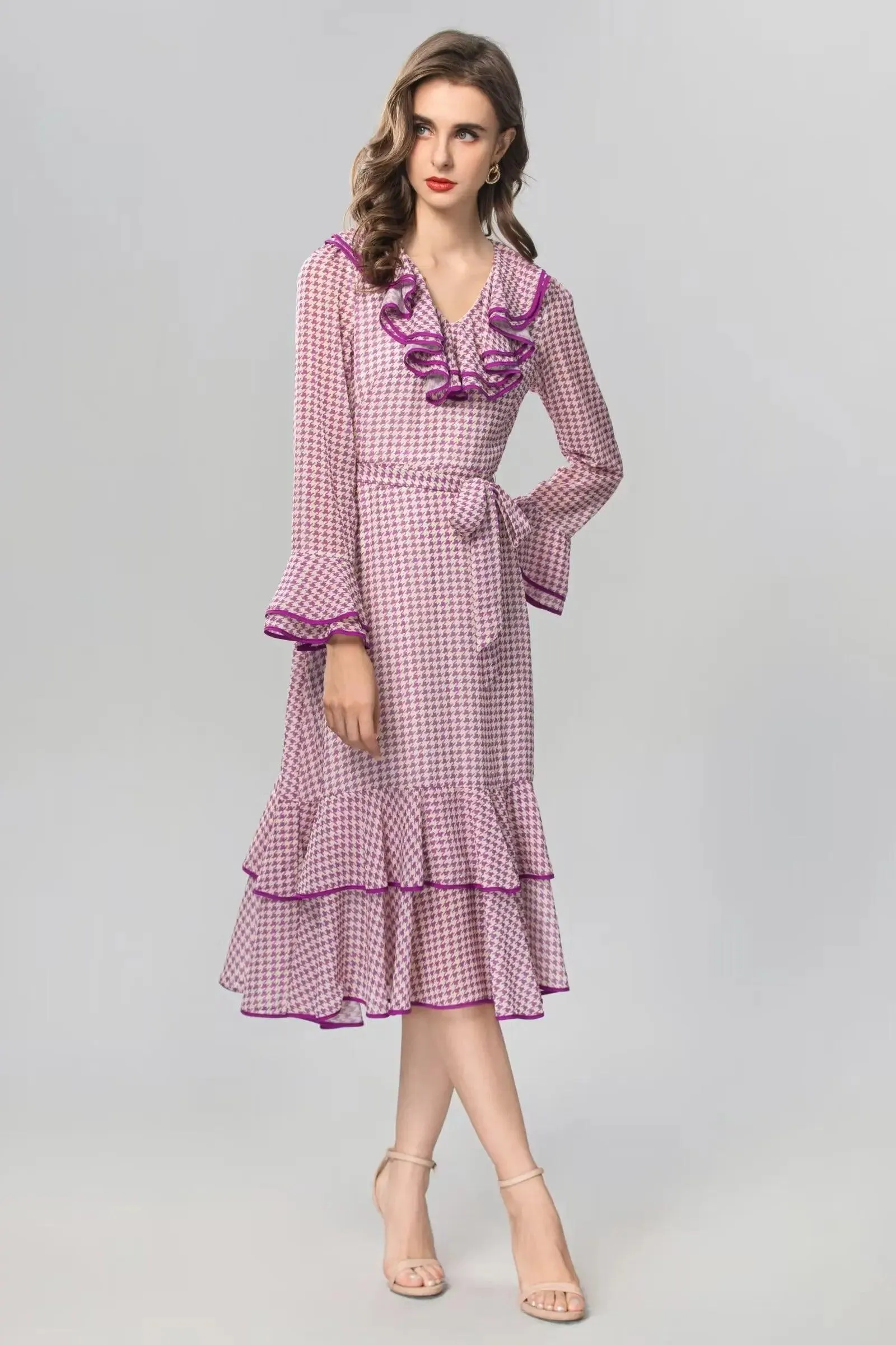 Elegant Vintage Houndstooth Midi Dress – Spring/Summer Fashion, Ruffle V-Neck with Belt, Casual Women’s Runway Design