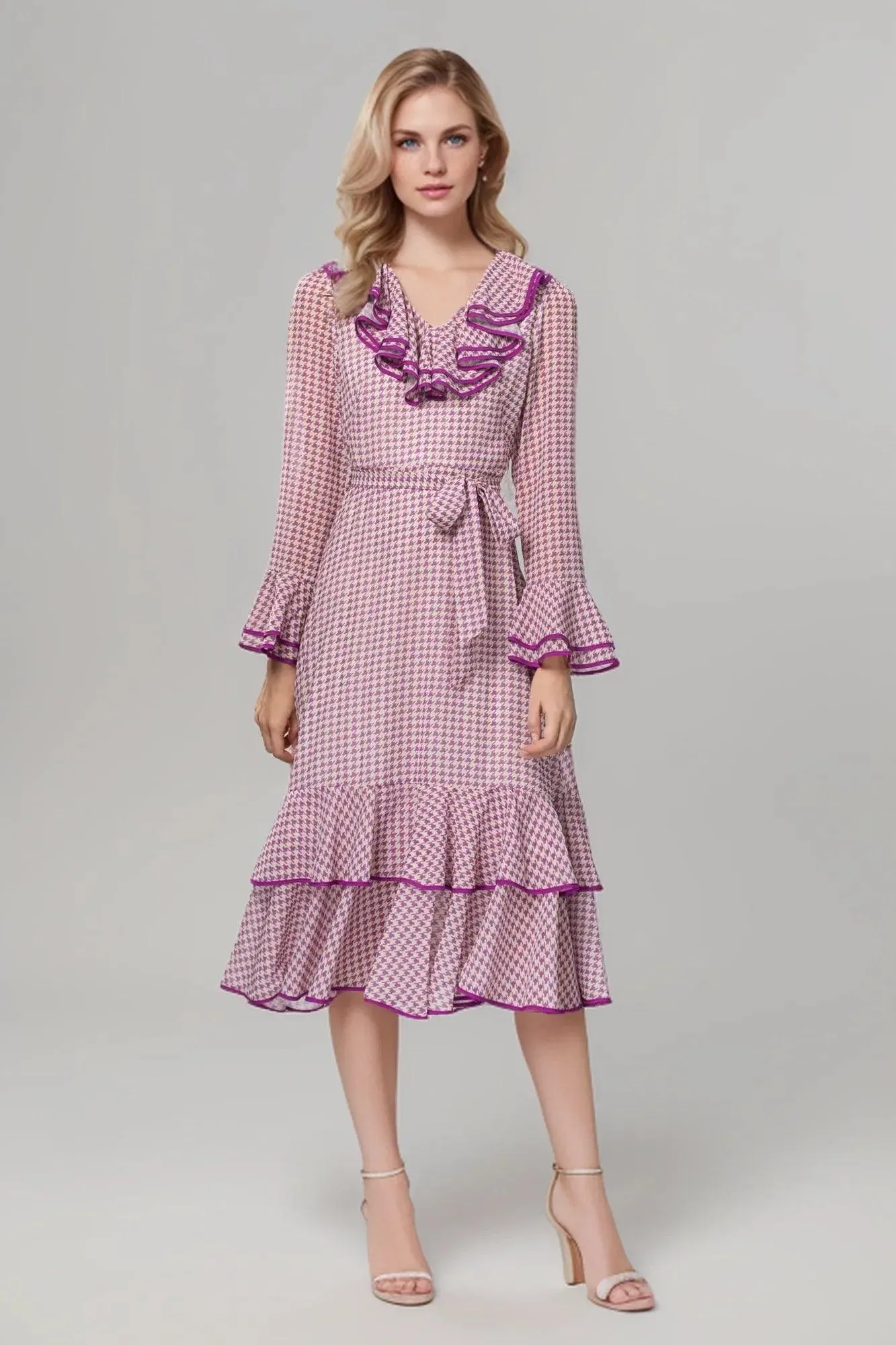 Elegant Vintage Houndstooth Midi Dress – Spring/Summer Fashion, Ruffle V-Neck with Belt, Casual Women’s Runway Design