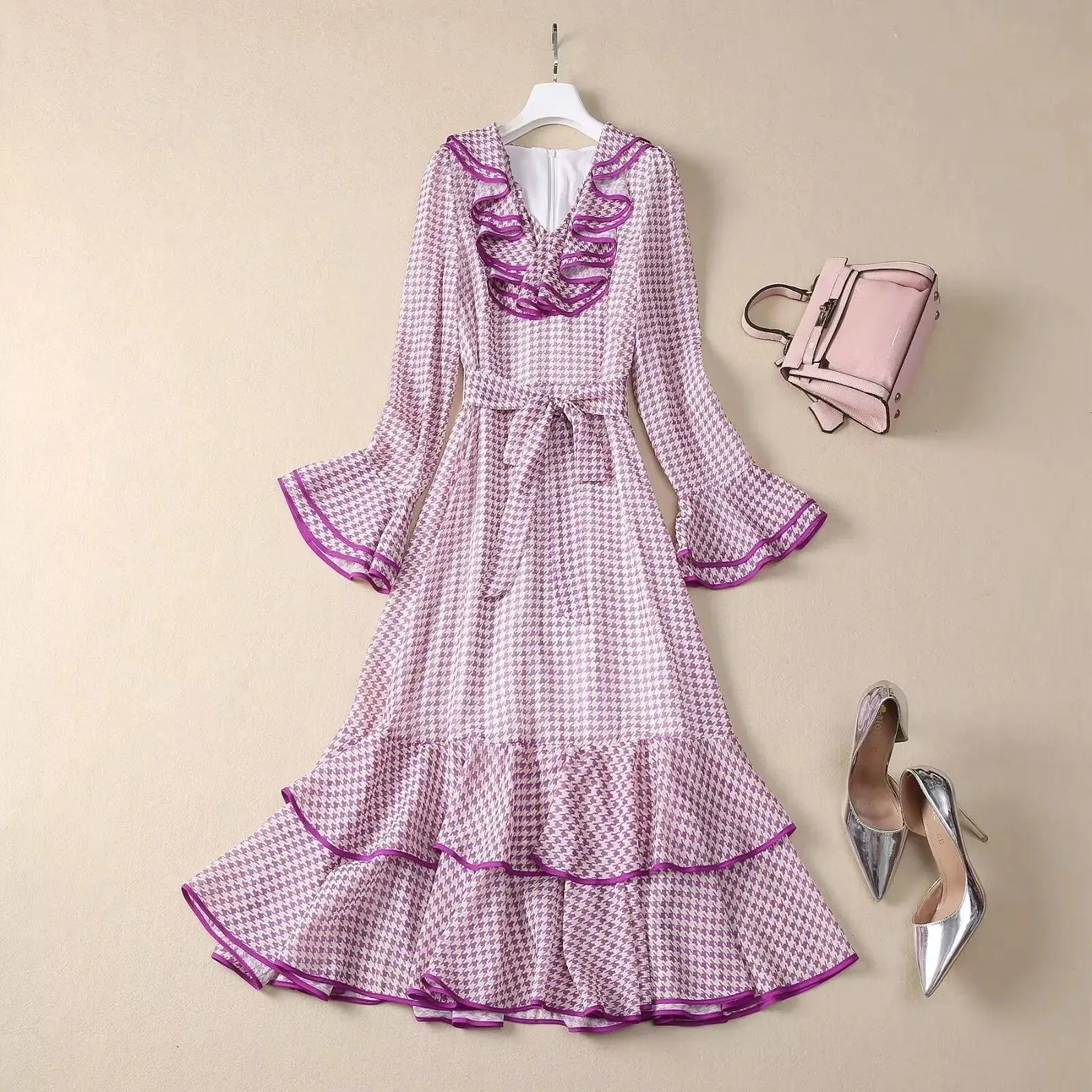 Elegant Vintage Houndstooth Midi Dress – Spring/Summer Fashion, Ruffle V-Neck with Belt, Casual Women’s Runway Design