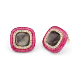 Fucsia enamel and black mother of pearl 18k yellow gold diamond earring