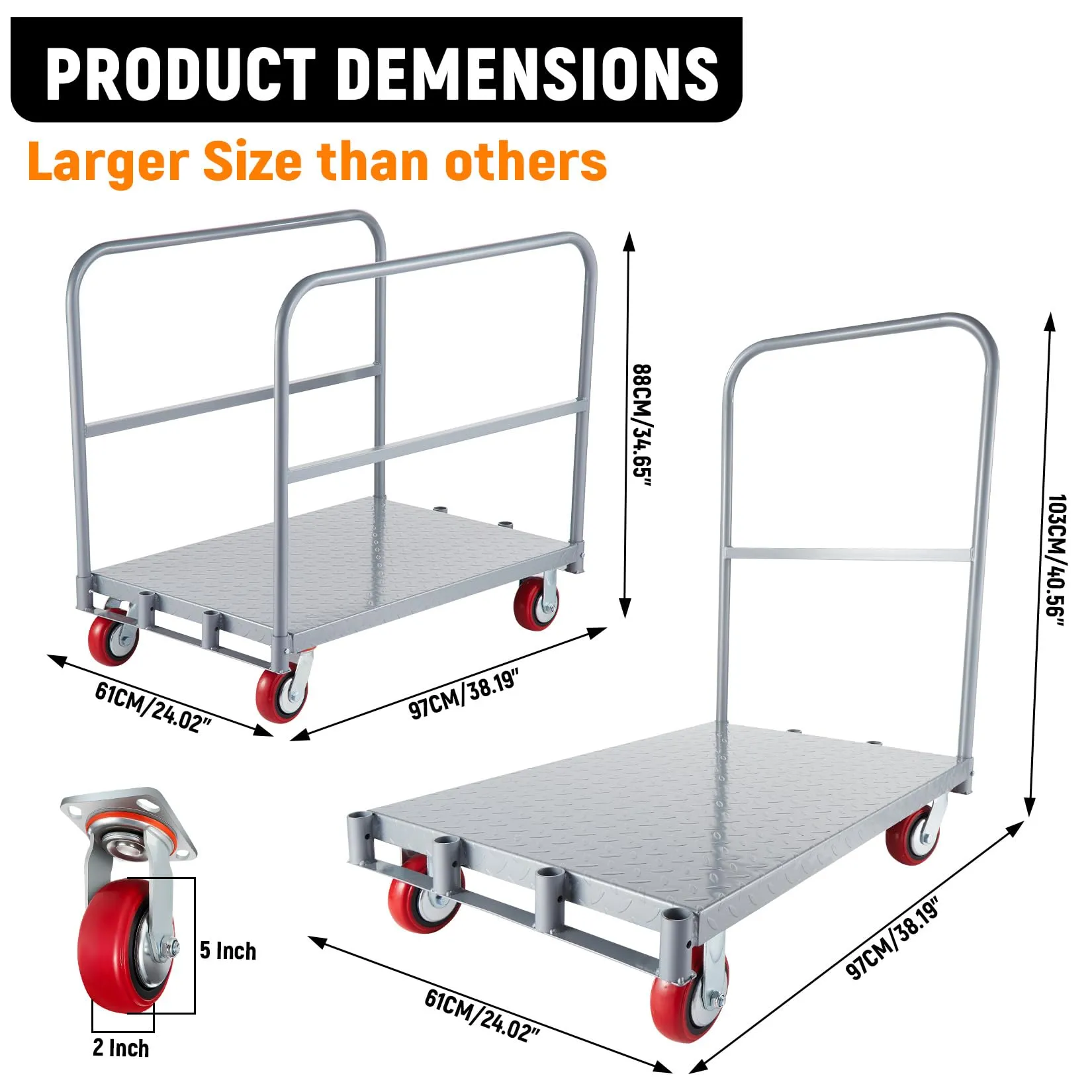 GARVEE Drywall Cart Steel Panel Truck, 2 in 1 Heavy Duty Flatbed Carts with Wheels, Platform Flat Bed Cart with 2200 Lbs Capacity, 2 Swivel Casters, 1 Front and 2 Side Handrails