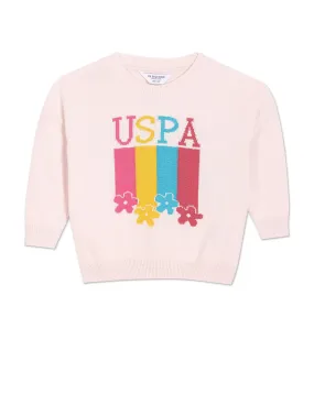 Girls Crew Neck Patterned Knit Cotton Sweater