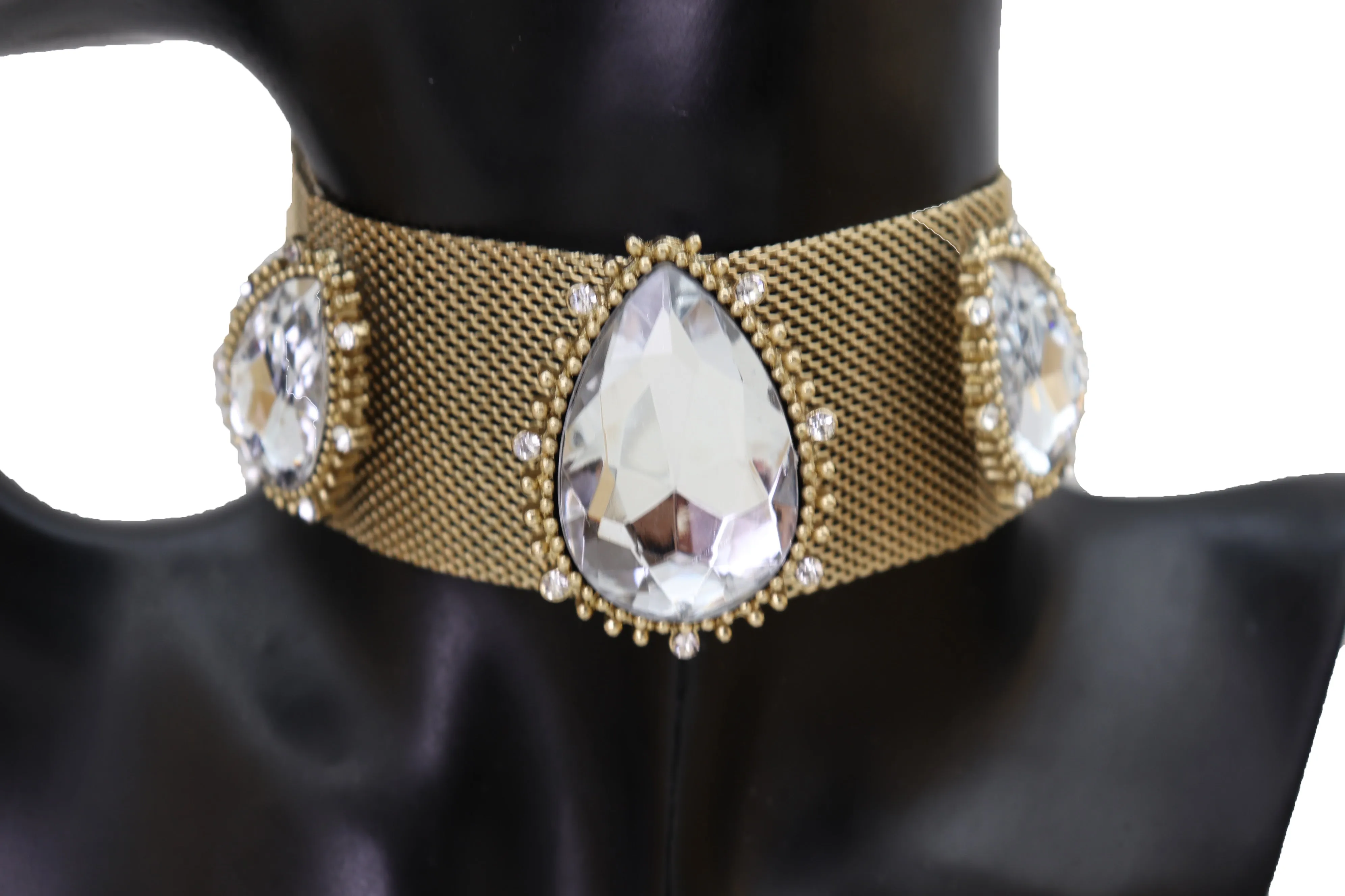 Gold Mesh Metal Wide Band Choker Necklace Silver Beads