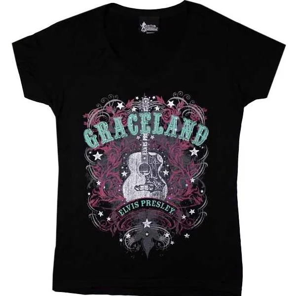 Graceland Guitar Rhinestone Embellished Women's V-Neck T-Shirt