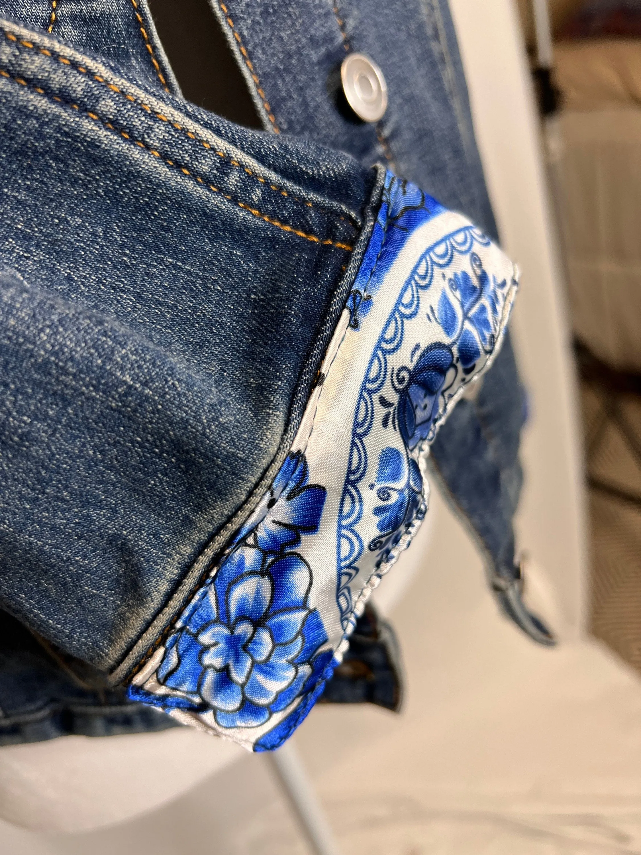 Grand Millennial Blue & White Chinoiserie Scarf on  Denim Jacket