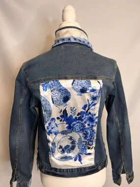 Grand Millennial Blue & White Chinoiserie Scarf on  Denim Jacket