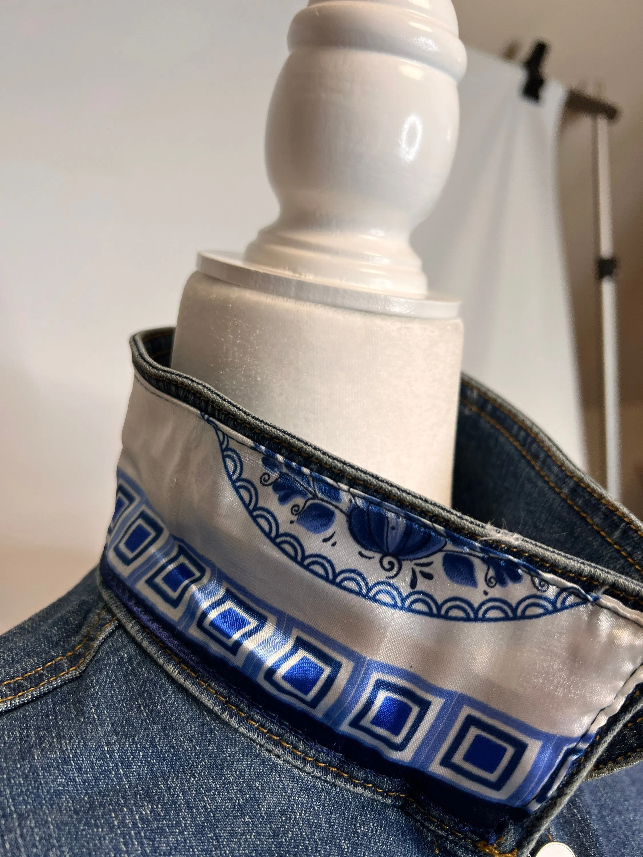 Grand Millennial Blue & White Chinoiserie Scarf on  Denim Jacket