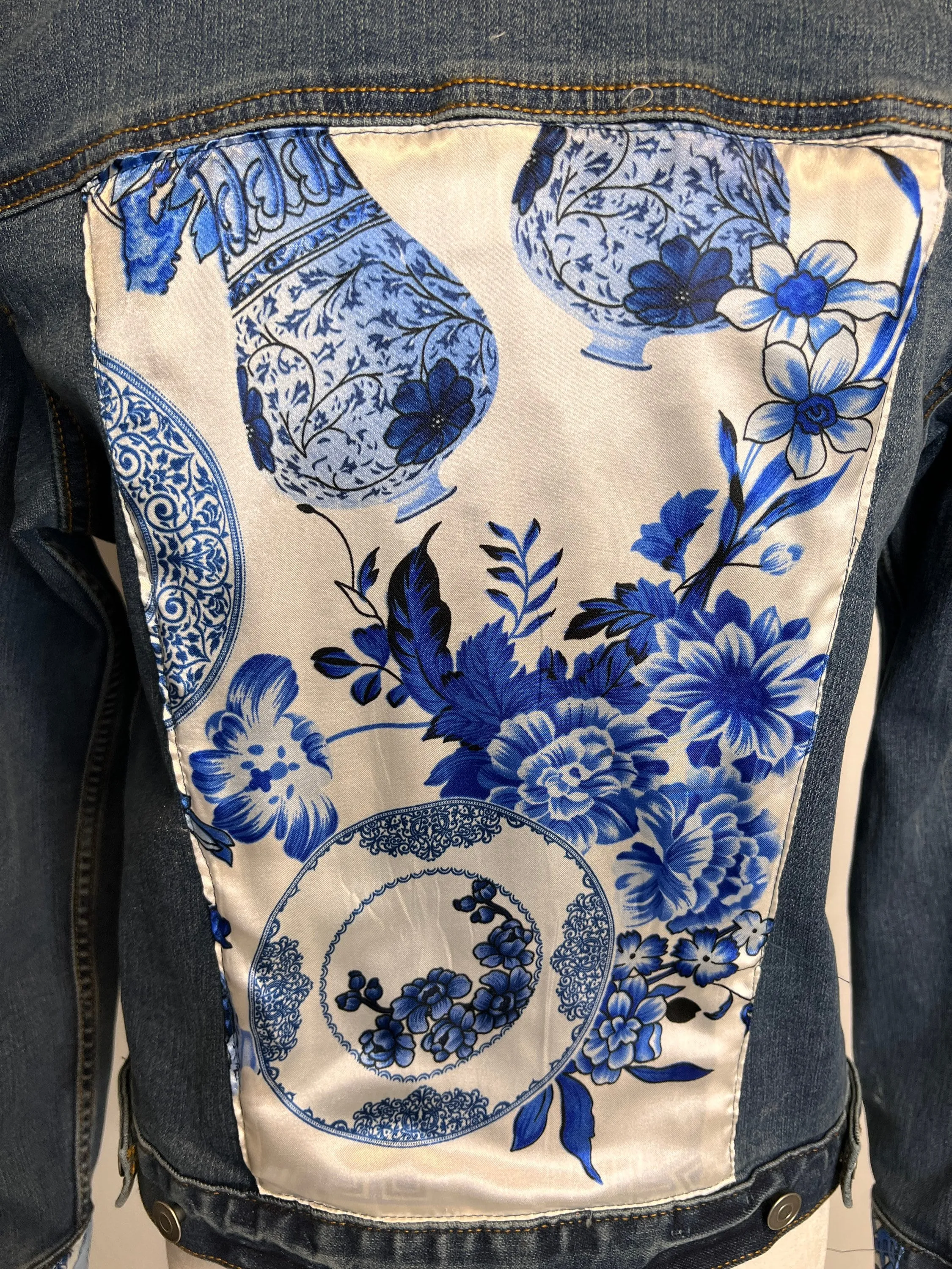 Grand Millennial Blue & White Chinoiserie Scarf on  Denim Jacket