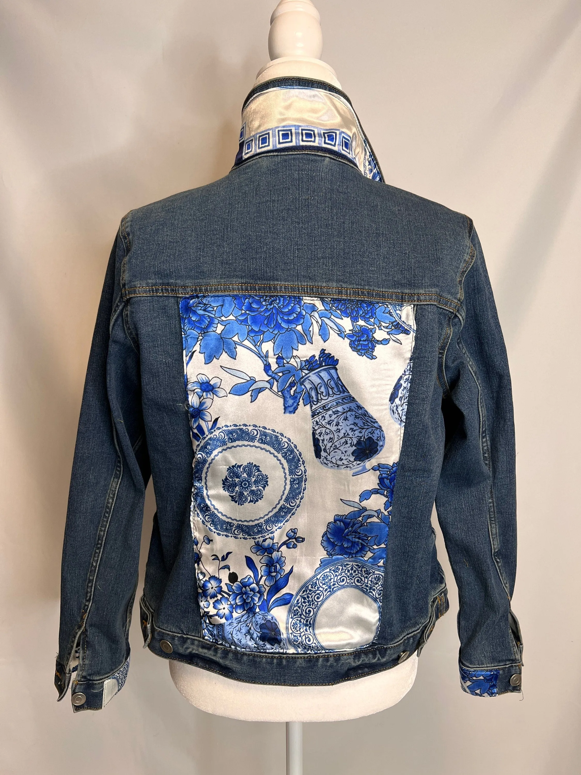 Grand Millennial Blue & White Chinoiserie Scarf on  Denim Jacket