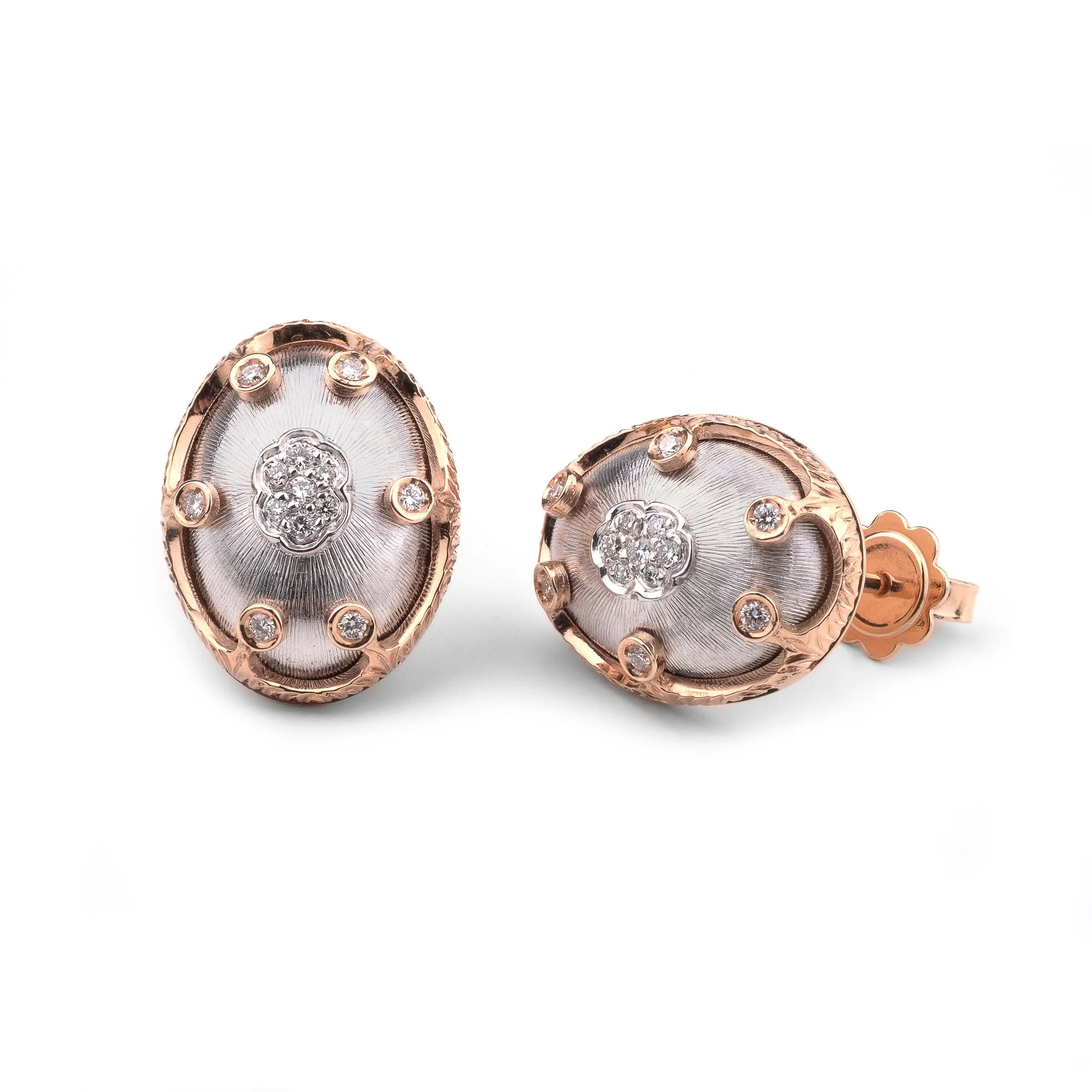 Hand engraved 18k rose gold Crown earrings