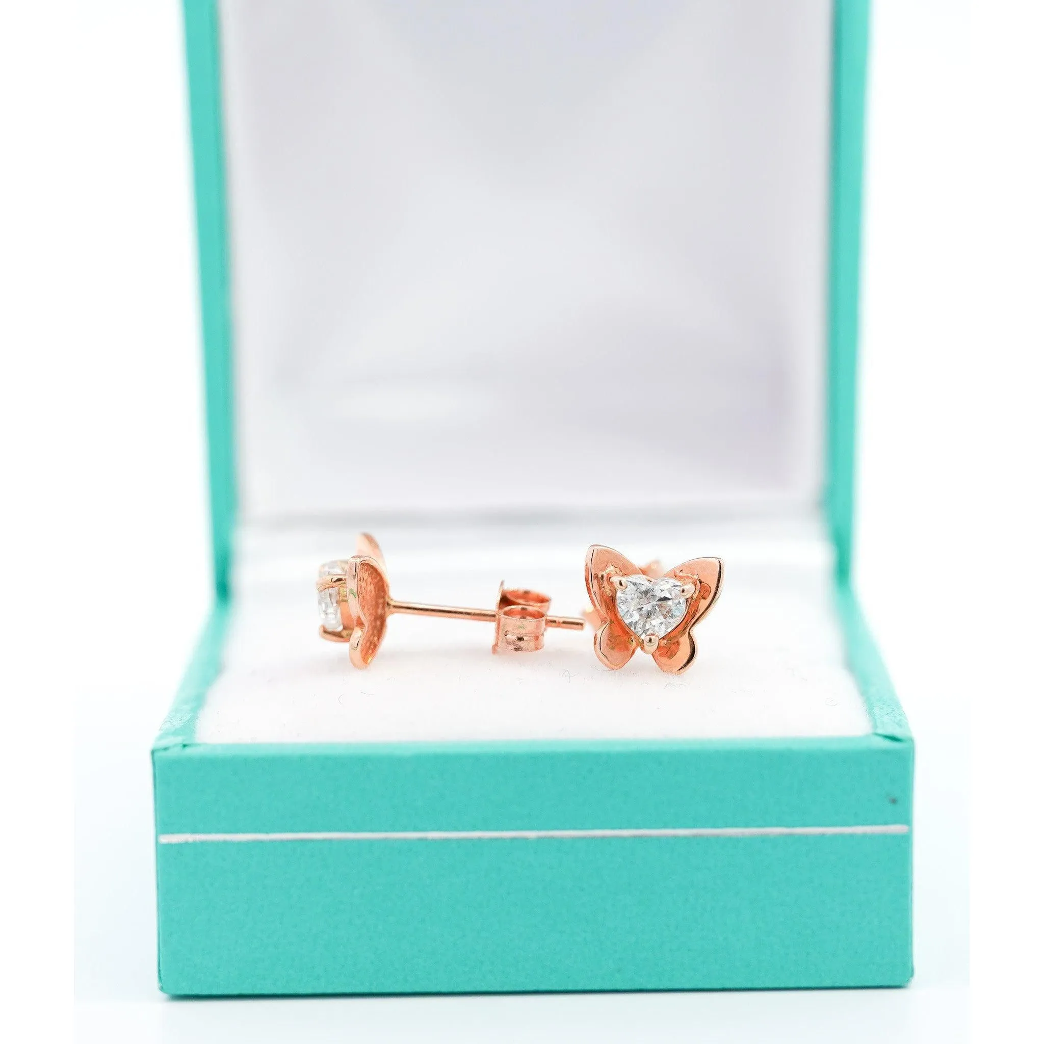 Heart Cut Natural Diamond Butterfly Stud Earrings in 18K Rose Gold