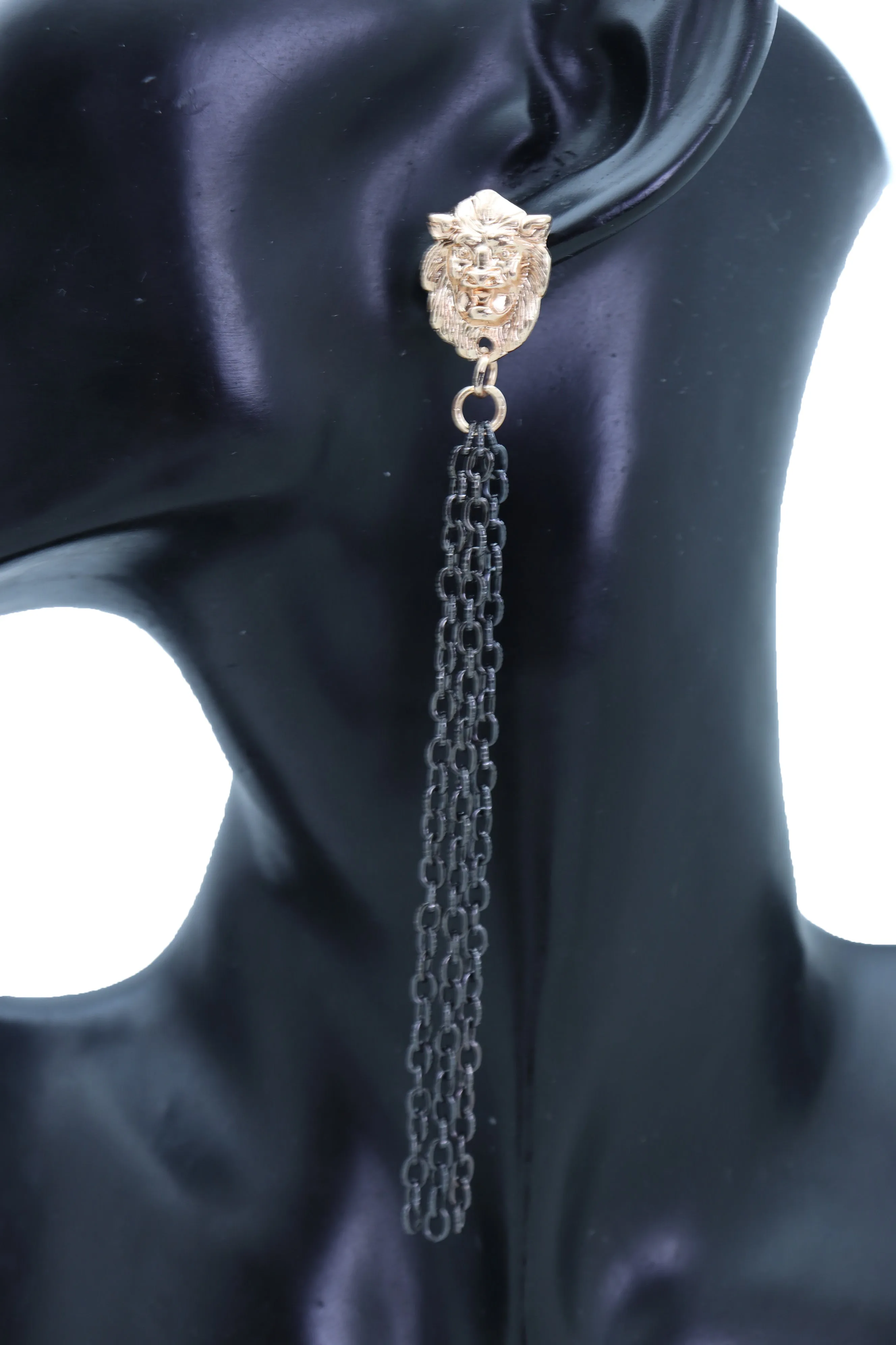 Hook Earrings Set Black Metal Chain Long Tassel Gold Lion