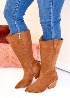 Howdy Cowboy Wide Calf Boots by Corkys - Cognac Suede