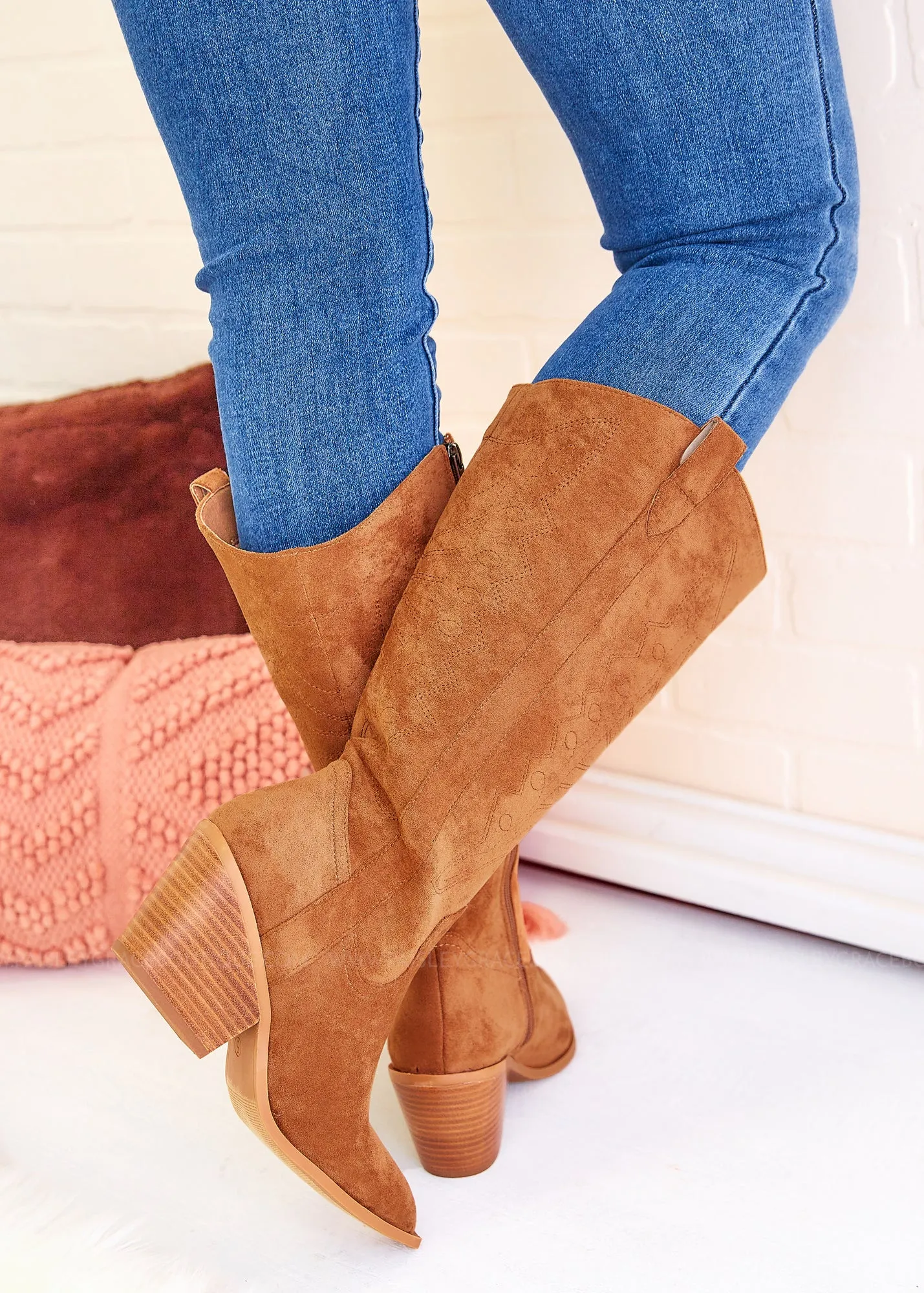 Howdy Cowboy Wide Calf Boots by Corkys - Cognac Suede